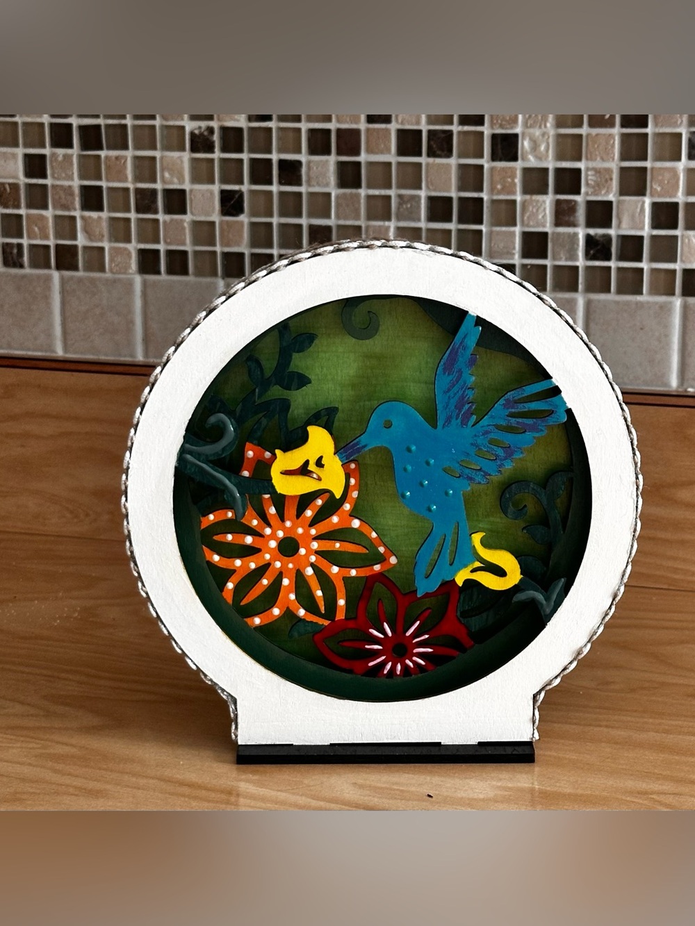 Hand Crafted Blue Hummingbird with Orange & Yellow Flowers 3d Shadow Box decor - Picture 3 of 15